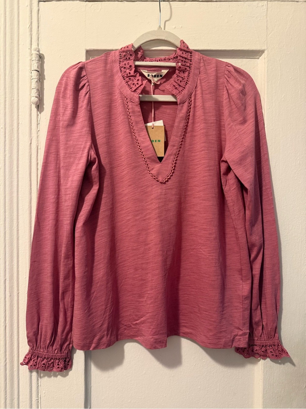 Boden Aria Pink Broderie Long Sleeve V-Neck Top